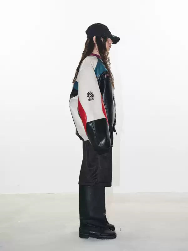 Colorblock Embroidered Oversized Motorcycle Jacket 4