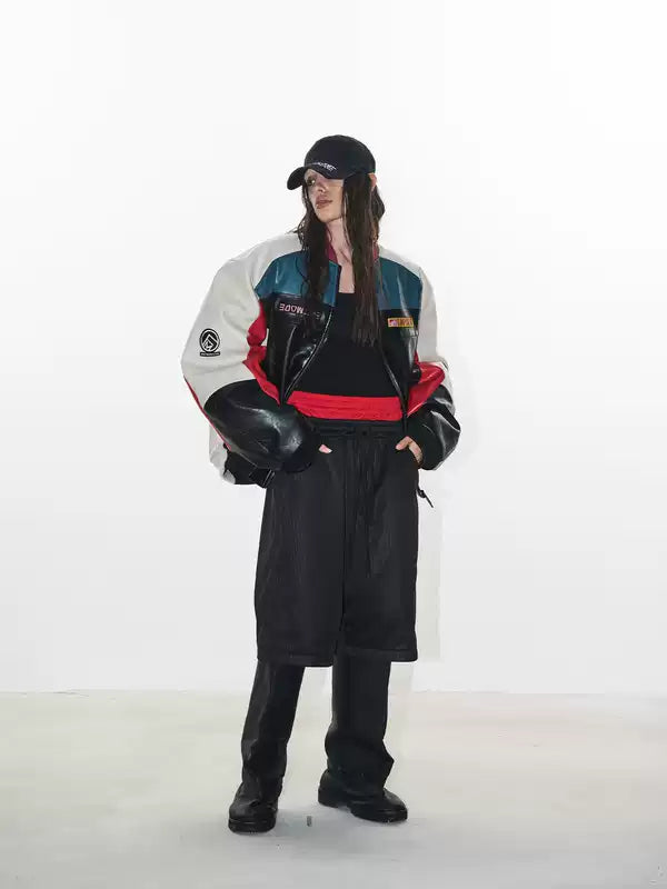 Colorblock Embroidered Oversized Motorcycle Jacket 5