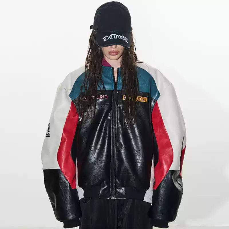 5737919118120,5737919118121,5737919118122,5737919118123, Colorblock Embroidered Oversized Motorcycle Jacket