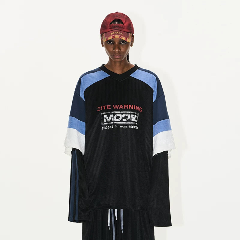 5723750169689,5723750169690,5723750169691,5723750169692, Colorblock Faux Two-Piece Graphic Jersey T-Shirt