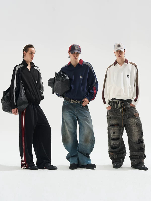 Colorblock Long-Sleeve Polo Sweatshirt Loose Fit 1