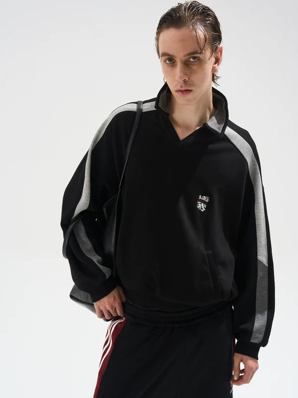 Colorblock Long-Sleeve Polo Sweatshirt Loose Fit 2