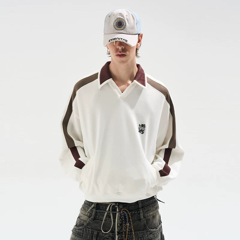 6052375666794,6052375666795,6052375666796,6052375666797, Colorblock Long-Sleeve Polo Sweatshirt Loose Fit