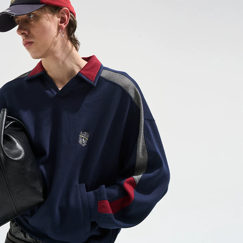 6052375666802,6052375666803,6052375666804,6052375666805, Colorblock Long-Sleeve Polo Sweatshirt Loose Fit