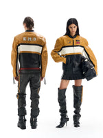 Colorblock Short Leather Moto Jacket 1