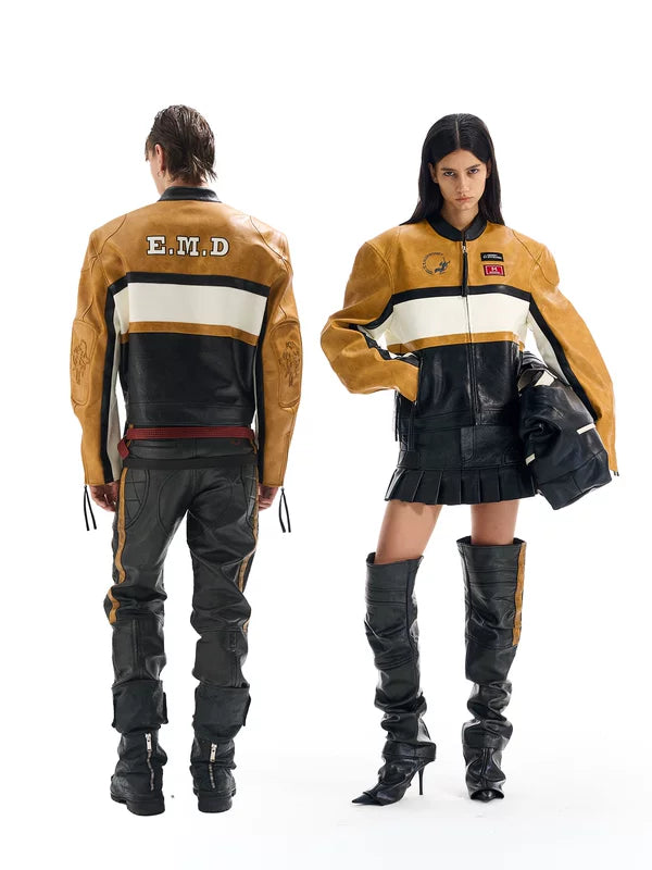 Colorblock Short Leather Moto Jacket 1