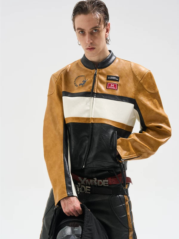 Colorblock Short Leather Moto Jacket 4