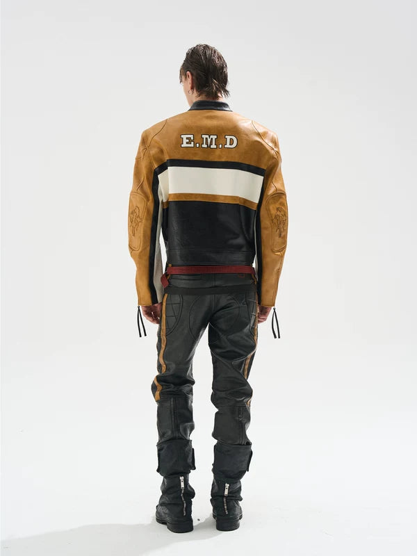 Colorblock Short Leather Moto Jacket 5