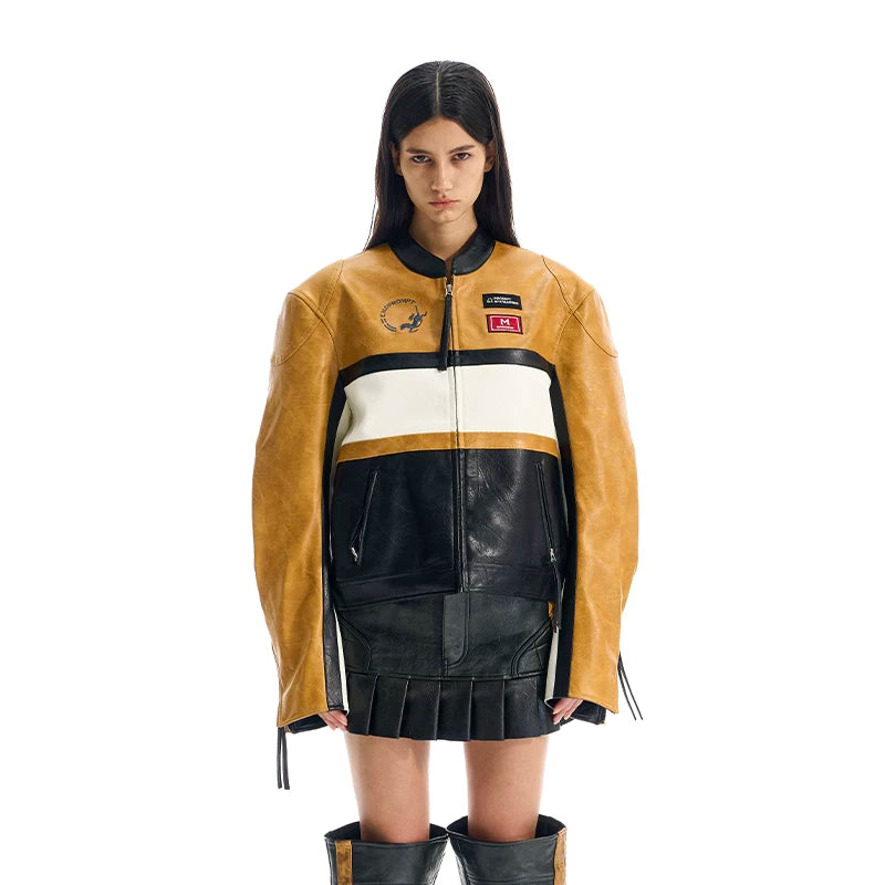 6084933086827,6084933086828,6084933086829,6084933086830, Colorblock Short Leather Moto Jacket
