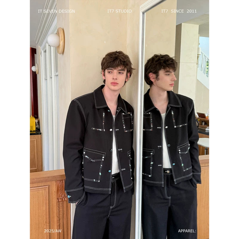 Contrast Stitch Gemstone Jacket and Pants Set 1