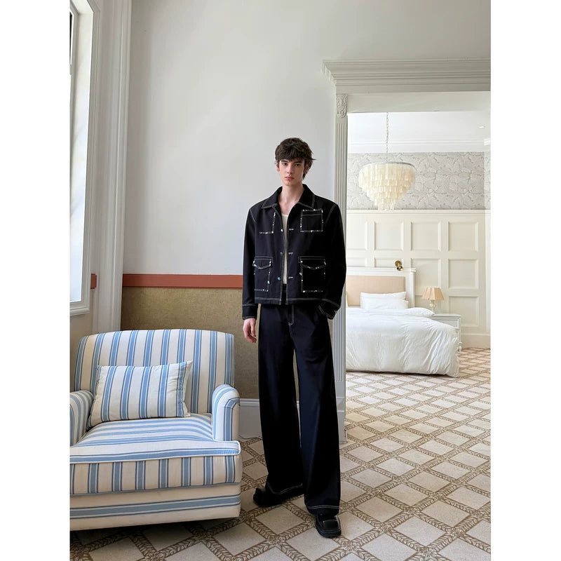 Contrast Stitch Gemstone Jacket and Pants Set 3