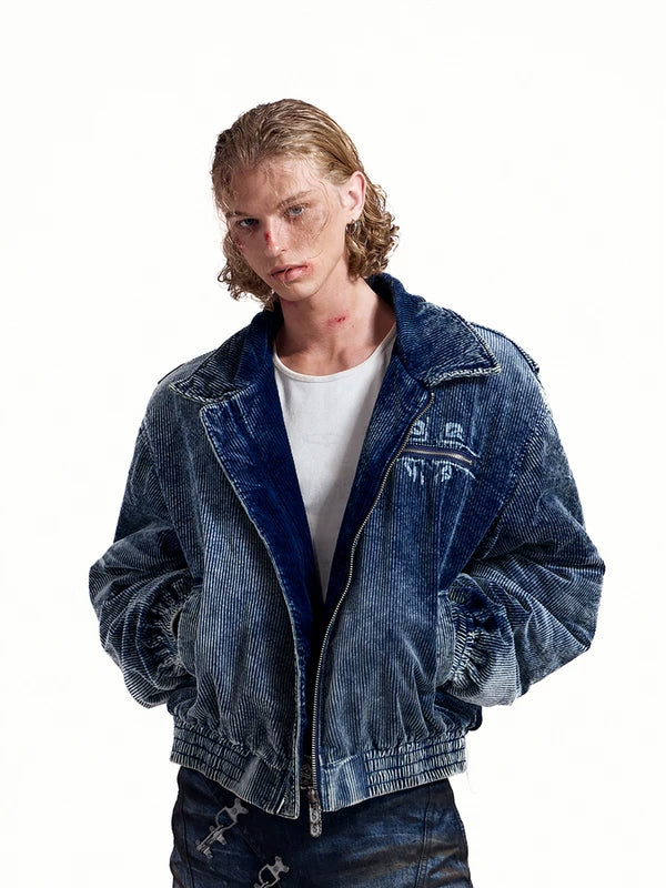 Corduroy Denim Bomber Jacket with Rivets 1