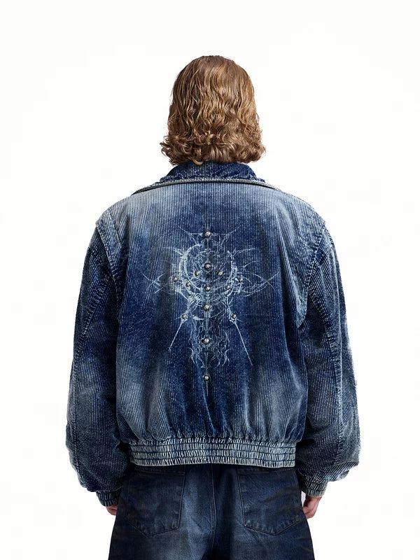 Corduroy Denim Bomber Jacket with Rivets 2