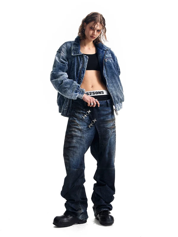 Corduroy Denim Bomber Jacket with Rivets 4