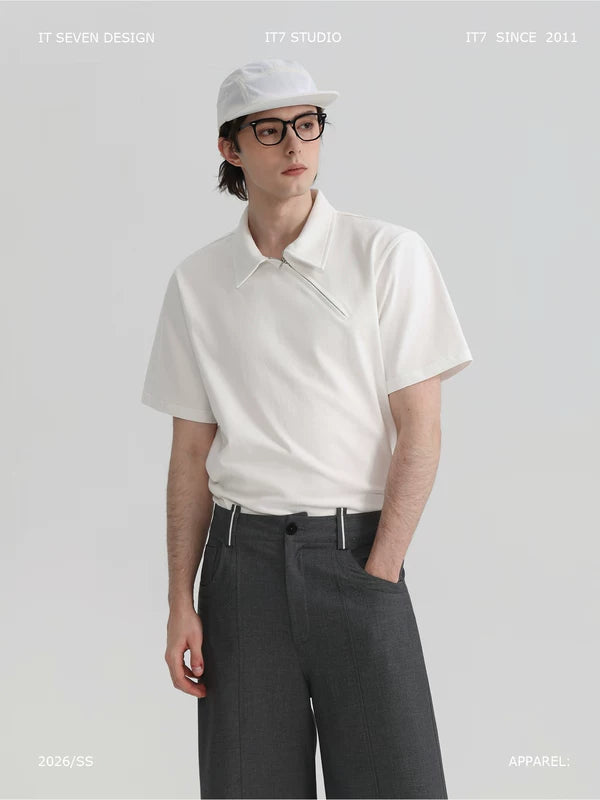 Cotton Diagonal Zipper Polo Shirt 1