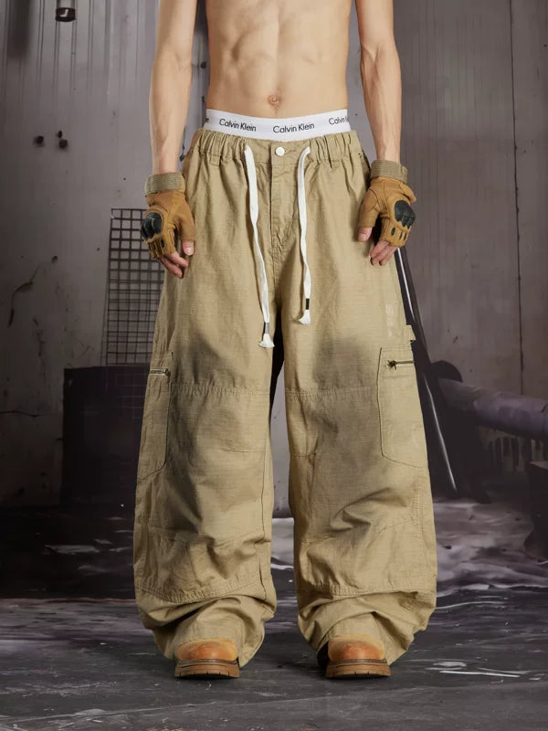 Cotton Elastic Waist Wide-Leg Cargo Pants 2