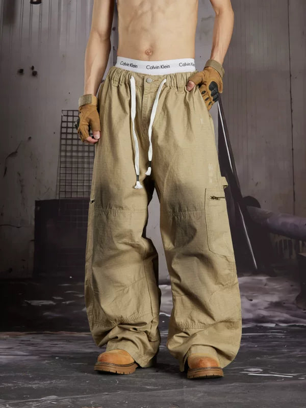 Cotton Elastic Waist Wide-Leg Cargo Pants 4