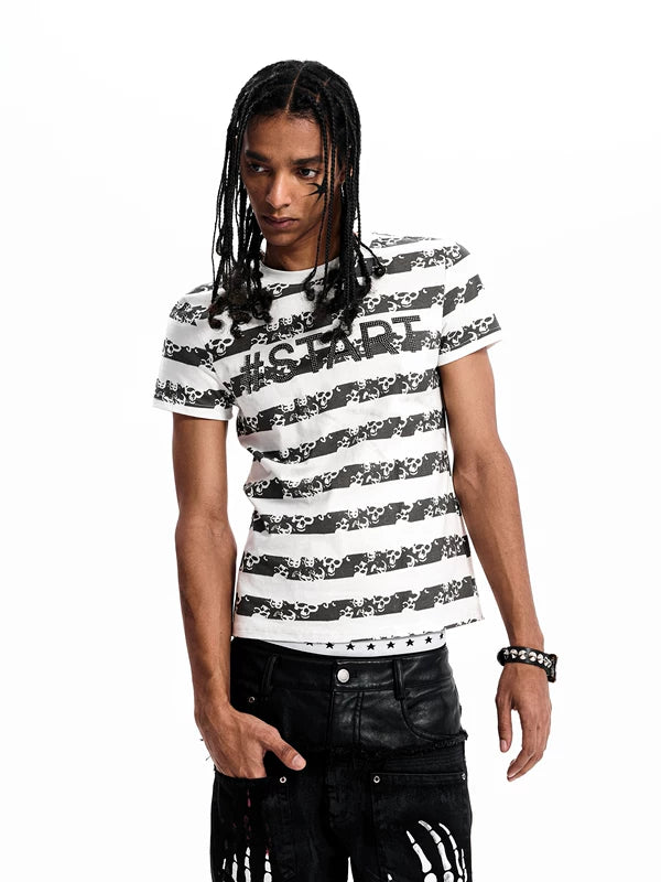 Cotton Skull Striped Rhinestone T-Shirt 1