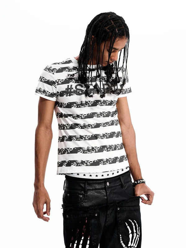 Cotton Skull Striped Rhinestone T-Shirt 2