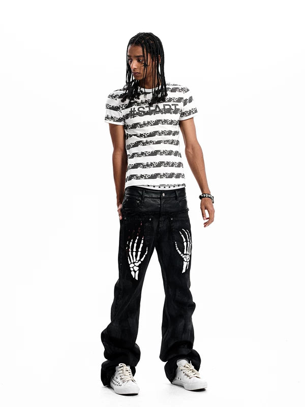 Cotton Skull Striped Rhinestone T-Shirt 4
