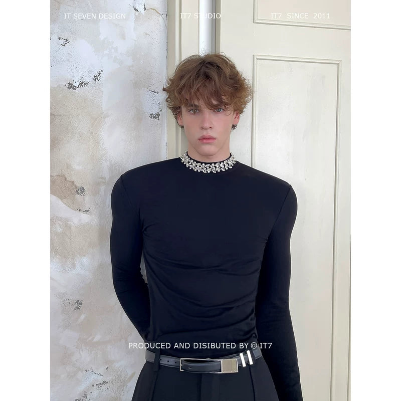 Crew Neck Rhinestone Collar Long Sleeve T-Shirt 1