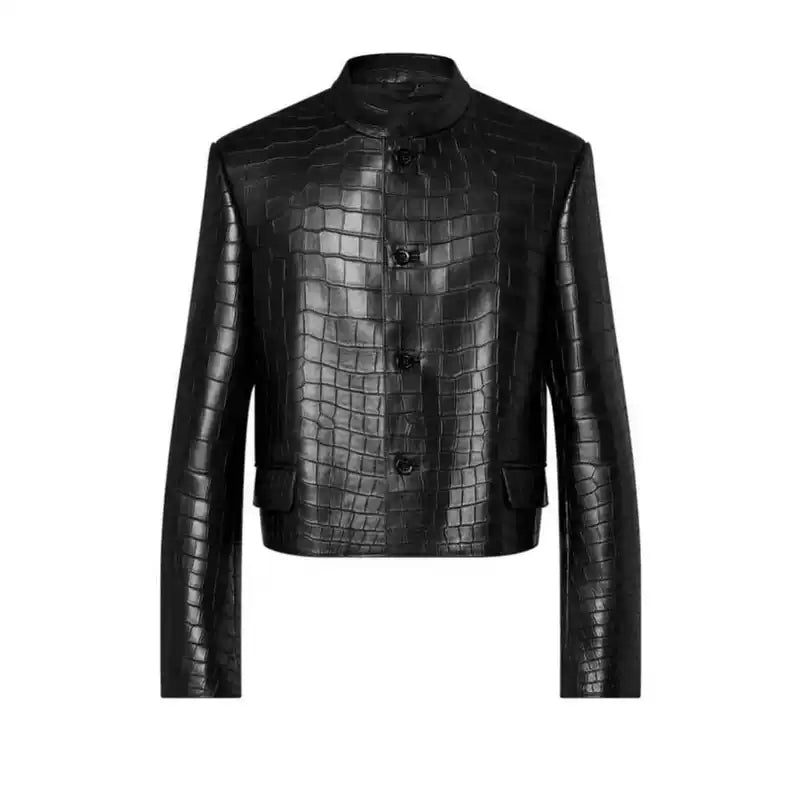 Crocodile Pattern Genuine Leather Stand Collar Jacket 1