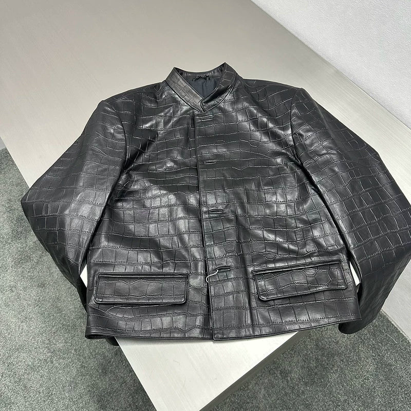 Crocodile Pattern Genuine Leather Stand Collar Jacket 2