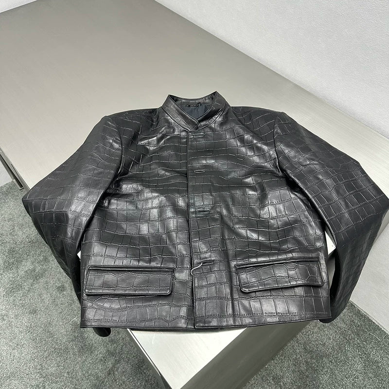 Crocodile Pattern Genuine Leather Stand Collar Jacket 3