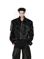 Crocodile Pattern Padded Shoulder Leather Jacket 1