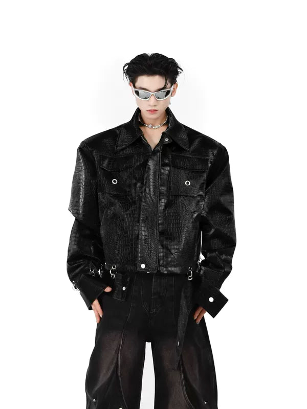 Crocodile Pattern Padded Shoulder Leather Jacket 1