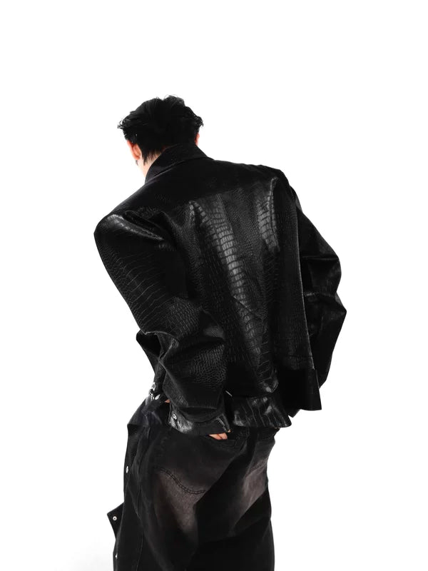 Crocodile Pattern Padded Shoulder Leather Jacket 2