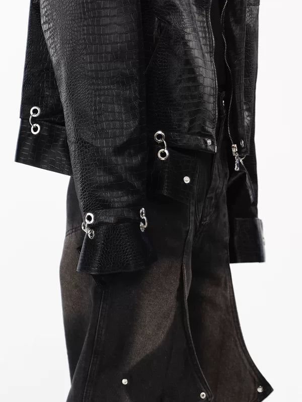 Crocodile Pattern Padded Shoulder Leather Jacket 3
