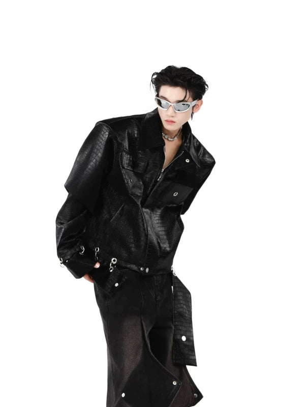 Crocodile Pattern Padded Shoulder Leather Jacket 4