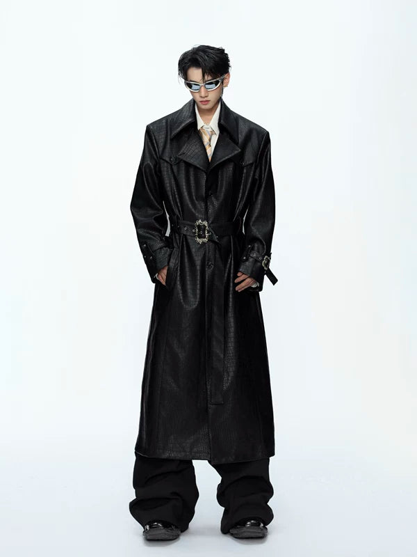 Crocodile-Patterned Leather Trench Coat 1