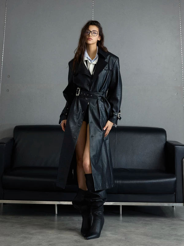 Crocodile-Patterned Leather Trench Coat 2