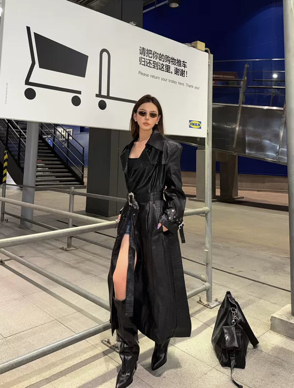 Crocodile-Patterned Leather Trench Coat 3