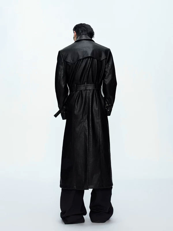 Crocodile-Patterned Leather Trench Coat 4