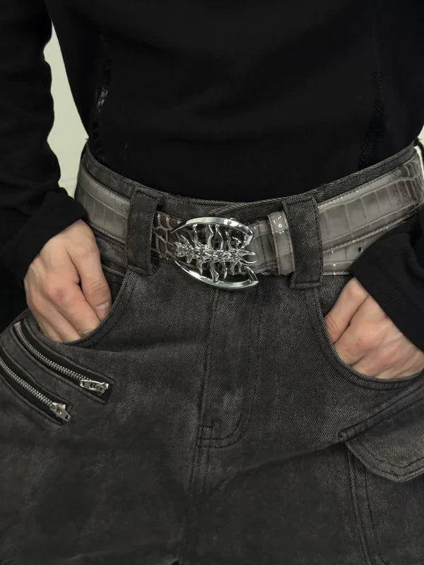 Crocodile Texture Spine Buckle Leather Belt 4