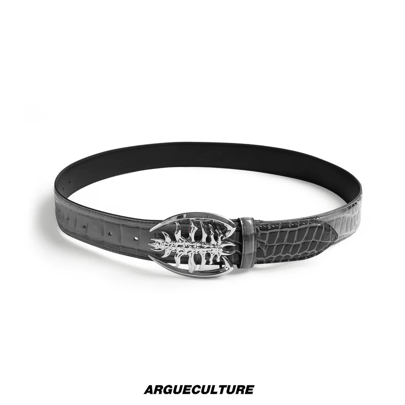 6144365782438, Crocodile Texture Spine Buckle Leather Belt