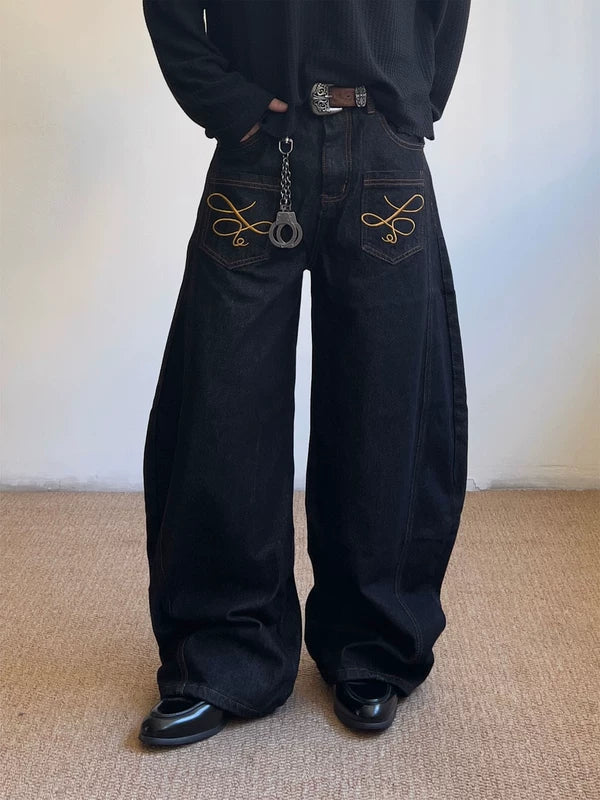 Curved Blade Embroidered Wide-Leg Jeans 1