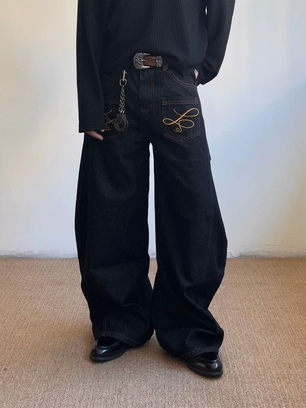Curved Blade Embroidered Wide-Leg Jeans 2