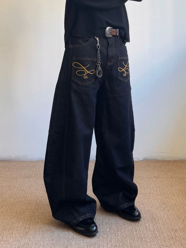Curved Blade Embroidered Wide-Leg Jeans 4