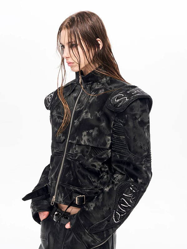 Cyberpunk Embroidered Stand Collar Leather Jacket 3