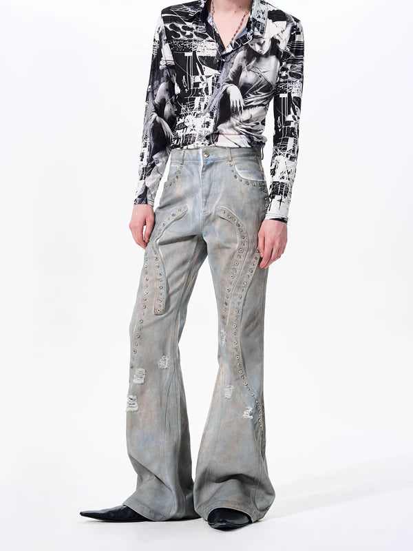 Deconstructed Distressed Flared Denim Pants 3