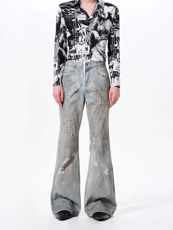 Deconstructed Distressed Flared Denim Pants 4