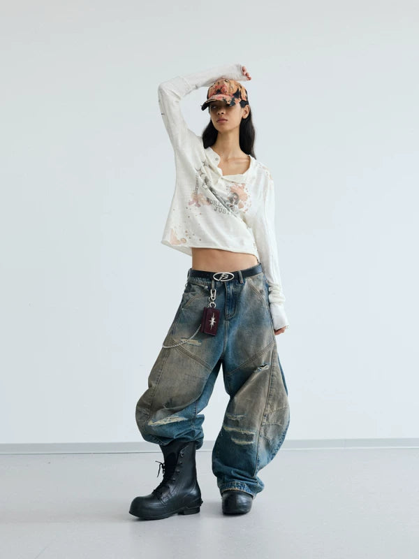 Deconstructed Distressed Loose Fit Jeans Pants 4