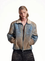 Deconstructed Embroidered Denim Fleece Collar Jacket 1