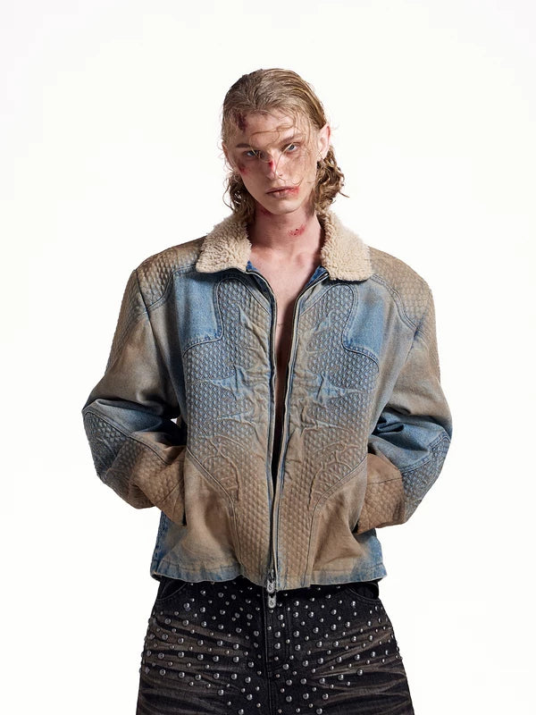 Deconstructed Embroidered Denim Fleece Collar Jacket 1