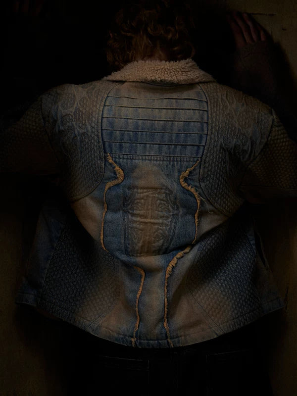 Deconstructed Embroidered Denim Fleece Collar Jacket 5