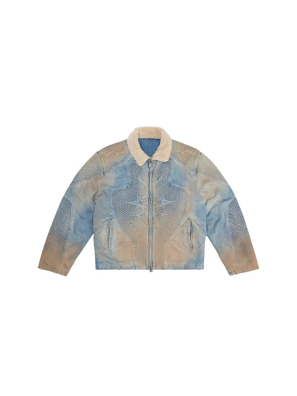 6126019443115,6126019443116,6126019443117, Deconstructed Embroidered Denim Fleece Collar Jacket